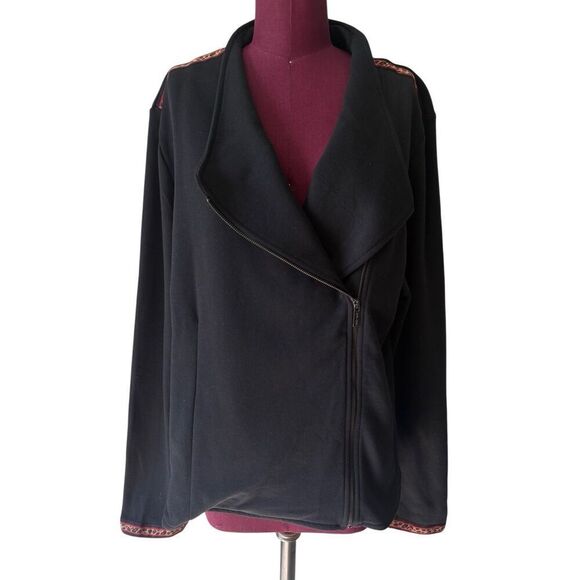 Saint & Sofia Cotton Biker Jacket size 18 Black Leopard Trim Full Zip - Picture 3 of 13